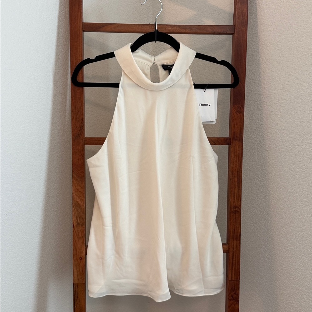 Theory Roll Neck Halter High-Neck Sleeveless Blouse NWT In Ivory Size XL